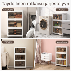 Kolmen setti pinottavia säilytyslaatikoita pyörillä ja ovilla Kolmen setti pinottavia säilytyslaatikoita pyörillä ja ovilla