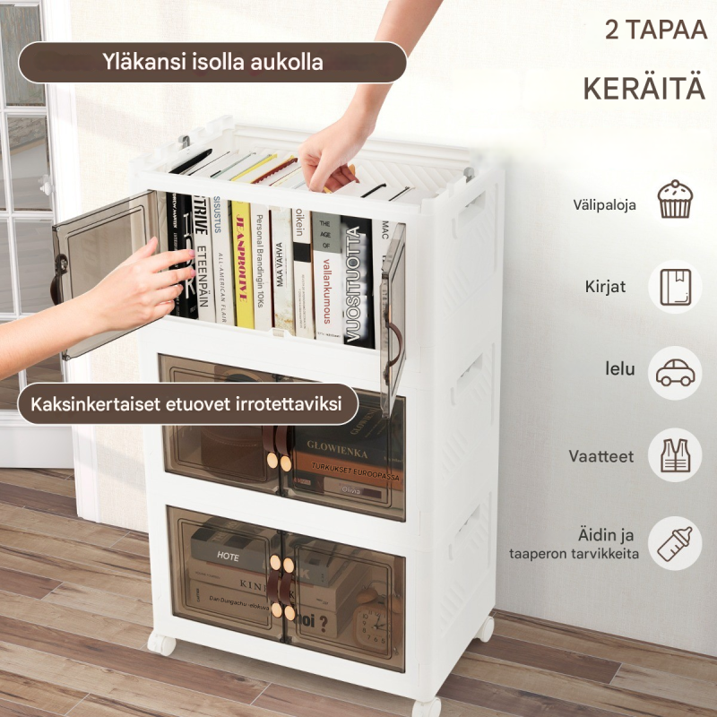 Pinottavat valkoiset säilytyslaatikot pyörillä ja magneeteilla