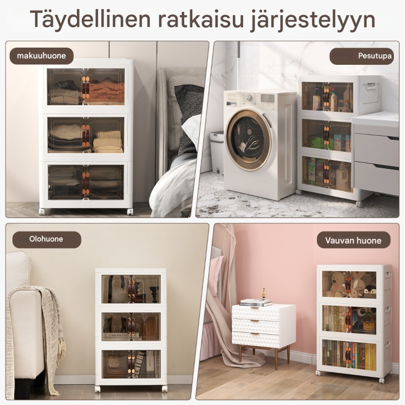 Pinottavat valkoiset säilytyslaatikot pyörillä ja magneeteilla Pinottavat valkoiset säilytyslaatikot pyörillä ja magneeteilla
