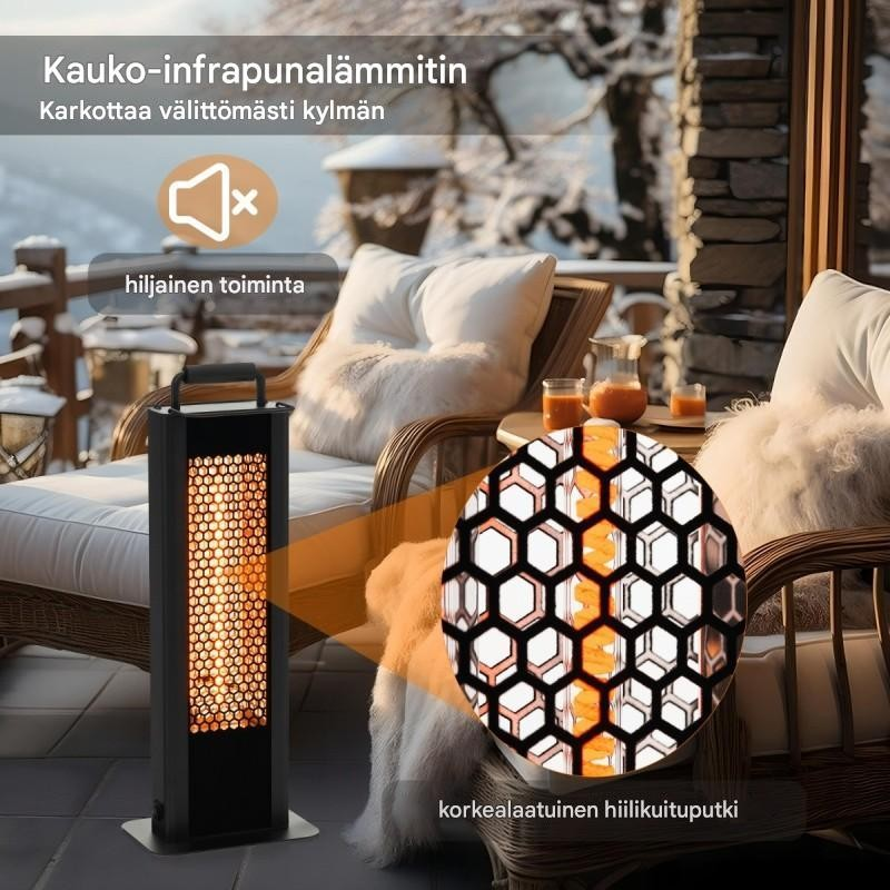 1200W musta terassilämmitin, kallistus- ja ylikuumenemissuoja