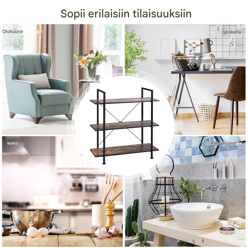 Kolmitasoinen monikäyttöhylly kaatumissuojalla, rustiikkinen ruskea Kolmitasoinen monikäyttöhylly kaatumissuojalla, rustiikkinen ruskea