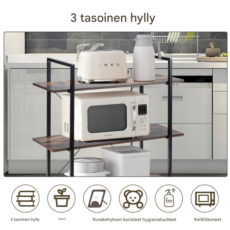 Kolmitasoinen monikäyttöhylly kaatumissuojalla, rustiikkinen ruskea Kolmitasoinen monikäyttöhylly kaatumissuojalla, rustiikkinen ruskea
