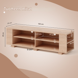 Tv-taso 65 tuumalle, 3 tasoa, 4 kaappia, luonnonväri