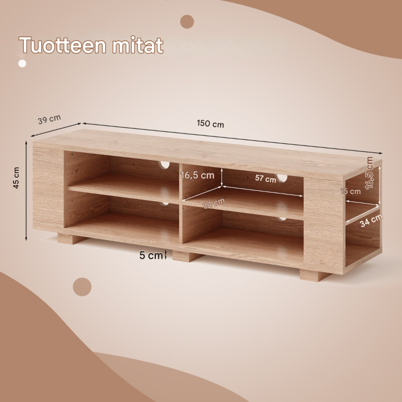 Tv-taso 65 tuumalle, 3 tasoa, 4 kaappia, luonnonväri