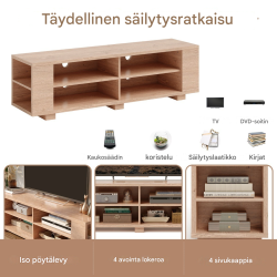 Tv-taso 65 tuumalle, 3 tasoa, 4 kaappia, luonnonväri