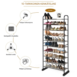 Kenkähylly 10 tasoa, irrotettavat hyllyt, musta, tilaa säästävä