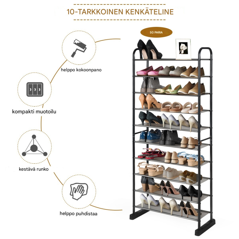 Kenkähylly 10 tasoa, irrotettavat hyllyt, musta, tilaa säästävä