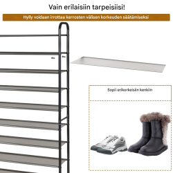 Kenkähylly 10 tasoa, irrotettavat hyllyt, musta, tilaa säästävä