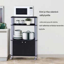 Musta monikäyttöinen keittiövaunu kolmella hyllyllä ja kaapilla