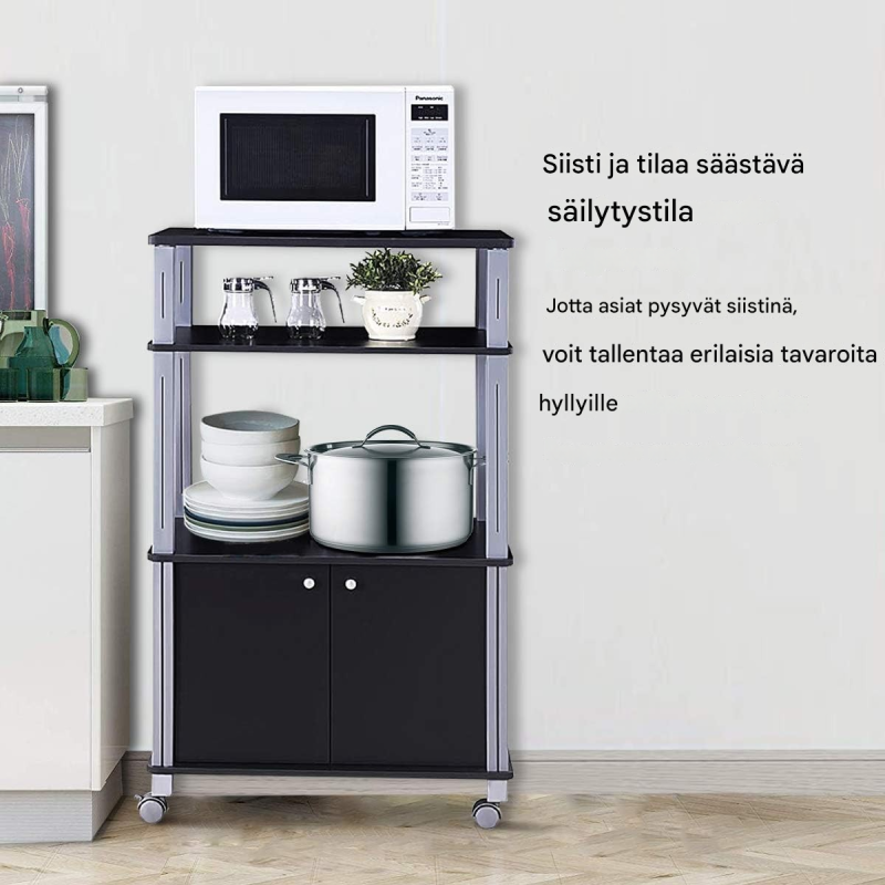 Musta monikäyttöinen keittiövaunu kolmella hyllyllä ja kaapilla