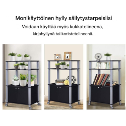 Musta monikäyttöinen keittiövaunu kolmella hyllyllä ja kaapilla