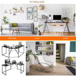 L-muotoinen musta työpöytä, tilava ja vakaa suunnittelu