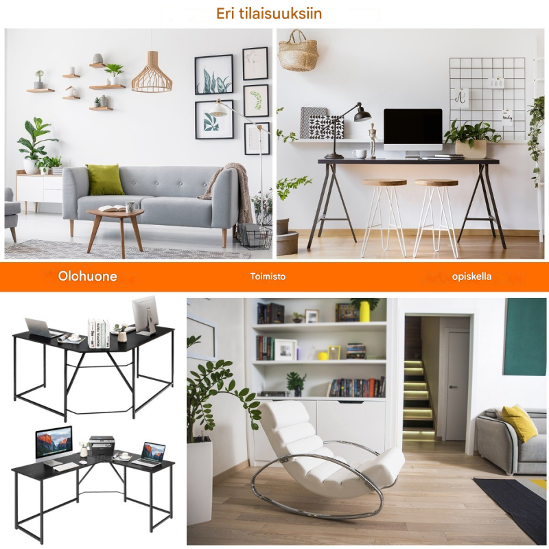 L-muotoinen musta työpöytä, tilava ja vakaa suunnittelu