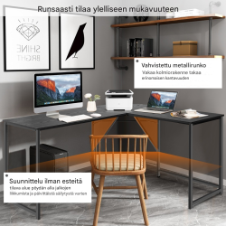 L-muotoinen musta työpöytä, tilava ja vakaa suunnittelu