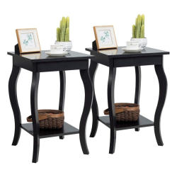 Kaksitasoinen musta puupöytäpari säilytyshyllyillä