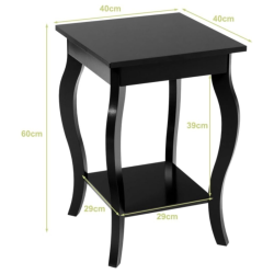 Kaksitasoinen musta puupöytäpari säilytyshyllyillä