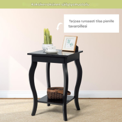 Kaksitasoinen musta puupöytäpari säilytyshyllyillä