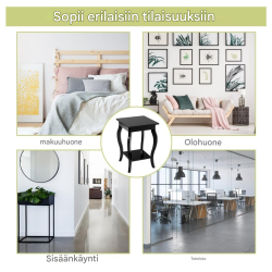 Kaksitasoinen musta puupöytäpari säilytyshyllyillä