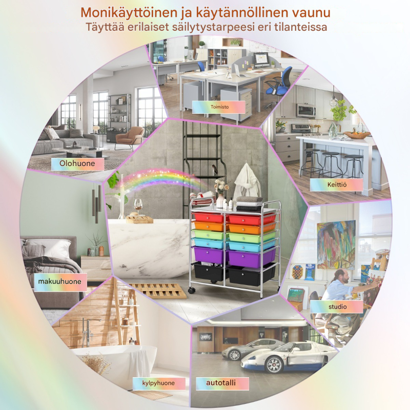 Monivärinen rullakko 12 laatikolla ja jarruilla