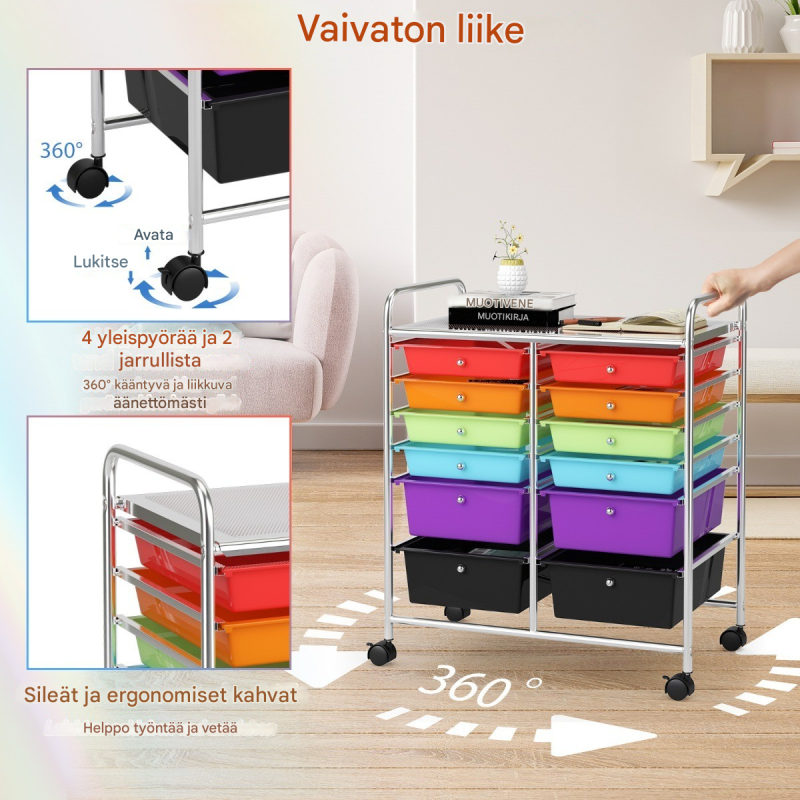 Monivärinen rullakko 12 laatikolla ja jarruilla