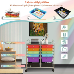 Monivärinen rullakko 12 laatikolla ja jarruilla