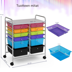 Monikäyttöinen rullakko 12 laatikolla ja jarruilla värikäs
