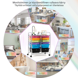 Monikäyttöinen rullakko 12 laatikolla ja jarruilla värikäs
