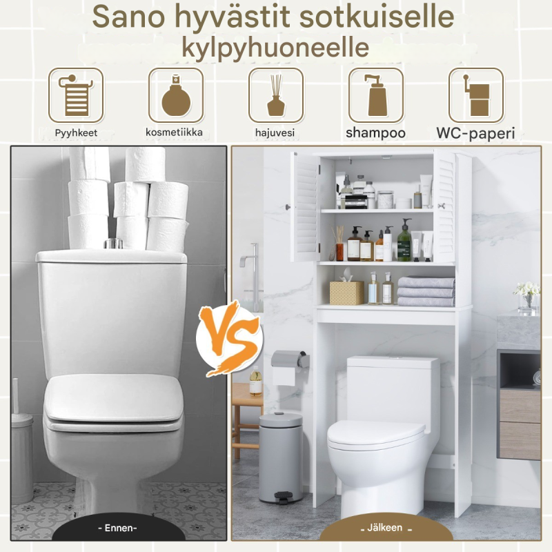 Vapaasti seisova valkoinen kylpyhuonekaappi säädettävillä hyllyillä