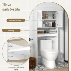 Vapaasti seisova valkoinen kylpyhuonekaappi säädettävillä hyllyillä