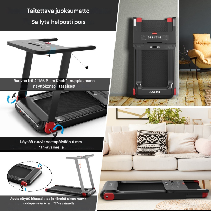 Taitettava punainen juoksumatto kotiin bluetooth-kaiuttimilla