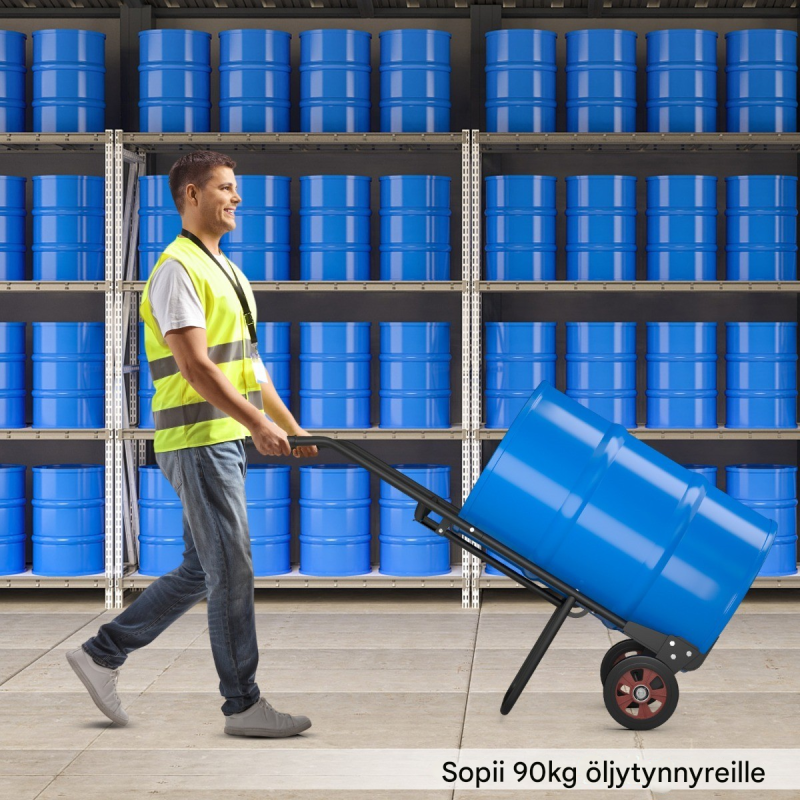 Tynnyrikärry musta, 545 kg kantavuus, kumipyörät, jousikoukku