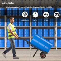 Tynnyrikärry musta, 545 kg kantavuus, kumipyörät, jousikoukku