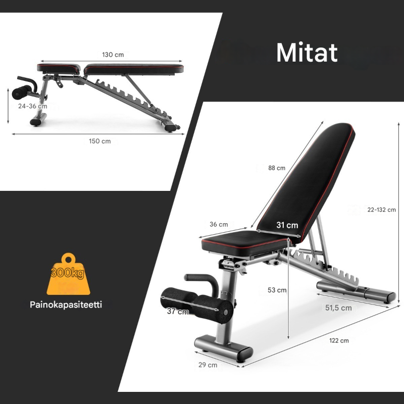 Säädettävä musta kuntopenkki pyörillä koko kehon treeniin