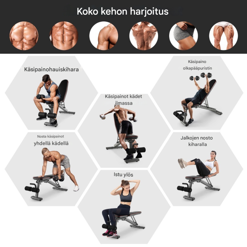 Säädettävä musta kuntopenkki pyörillä koko kehon treeniin