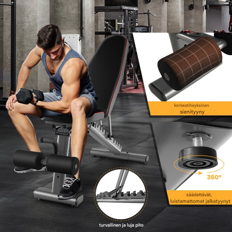 Säädettävä musta kuntopenkki pyörillä koko kehon treeniin