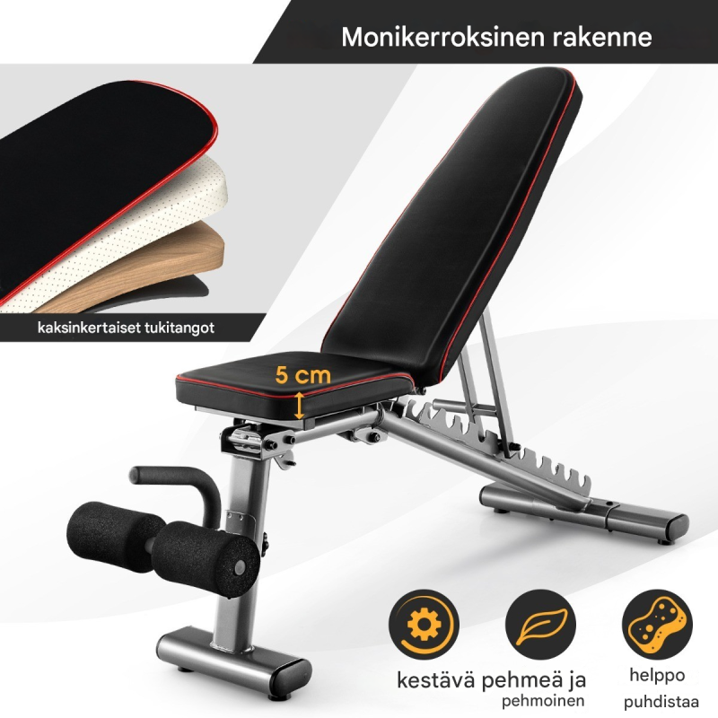 Säädettävä musta kuntopenkki pyörillä koko kehon treeniin