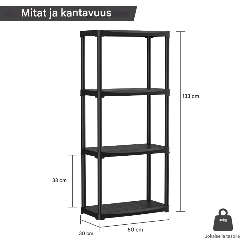Monikäyttöinen nelitasoinen musta varastohylly autotalliin