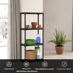 Monikäyttöinen nelitasoinen musta varastohylly autotalliin