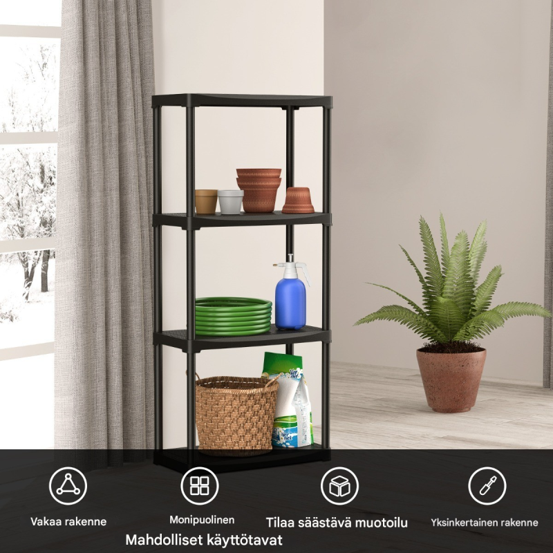 Monikäyttöinen nelitasoinen musta varastohylly autotalliin