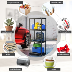 Monikäyttöinen nelitasoinen musta varastohylly autotalliin