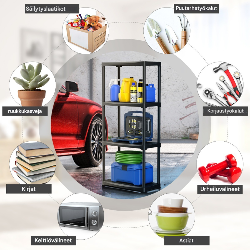 Monikäyttöinen nelitasoinen musta varastohylly autotalliin