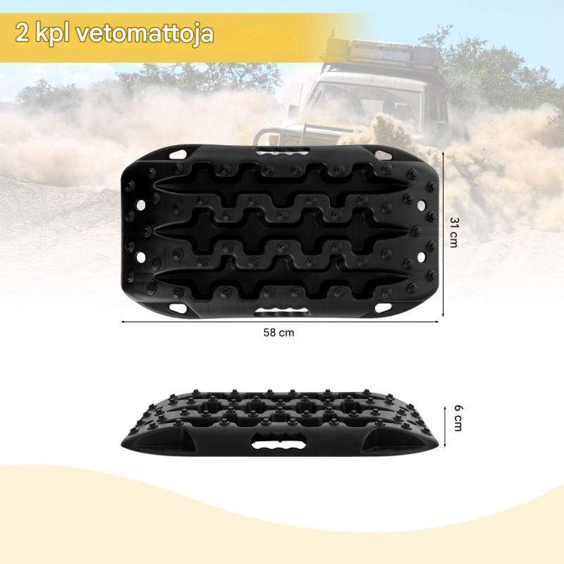 Kaksi mustaa offroad-kitkamattoa hiekalle, mudalle ja lumelle