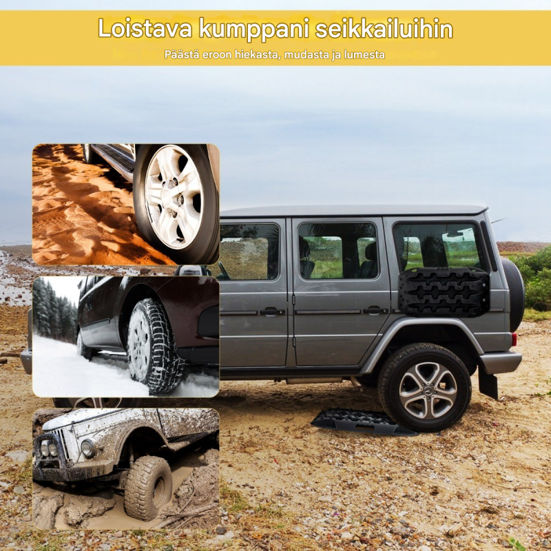 Kaksi mustaa offroad-kitkamattoa hiekalle, mudalle ja lumelle