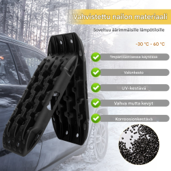 Kaksi mustaa offroad-kitkamattoa hiekalle, mudalle ja lumelle