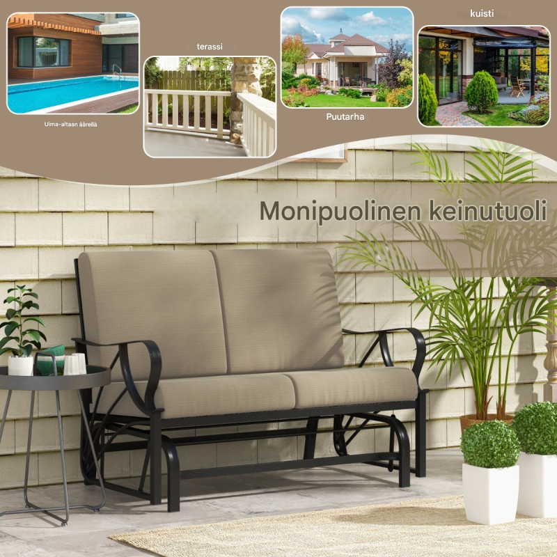 Terassipenkki ruskea metallirunko kaarevat käsinojat pehmeä tyyny