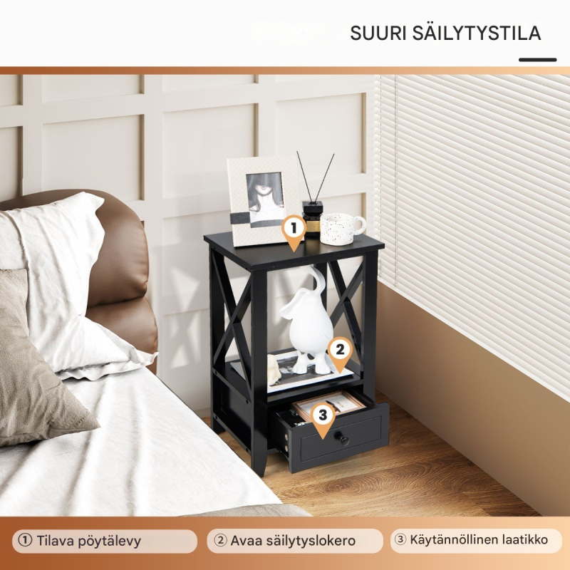 Moderni musta yöpöytä kahdella tasolla ja laatikolla