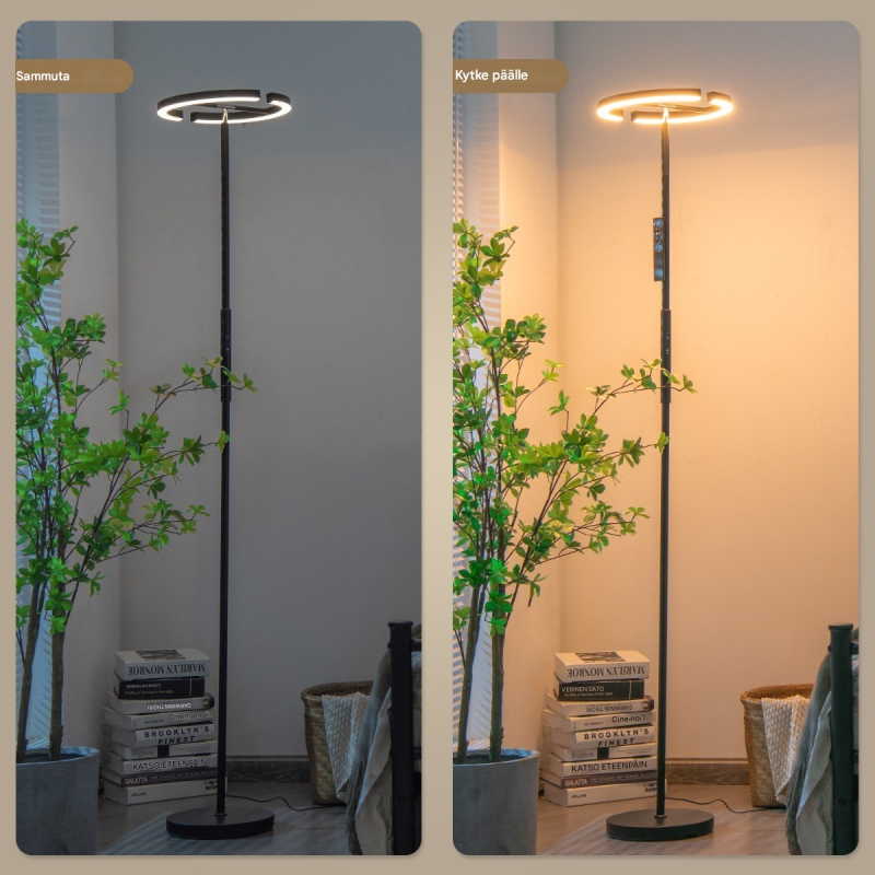 Musta led-lattiavalaisin, himmennettävä, säädettävä, kaukosäätimellä, monikäyttöinen