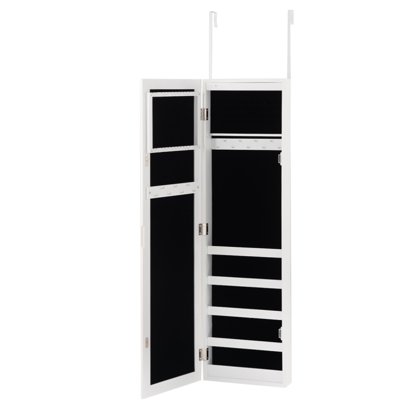 Valkoinen korukaappi peilillä ja LED-valaistuksella