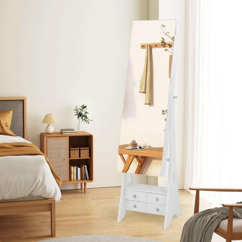 Valkoinen korukaappi peilillä ja LED-valaistuksella