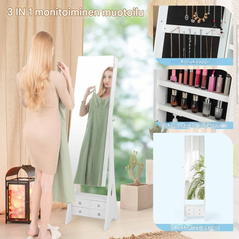 Valkoinen korukaappi peilillä ja LED-valaistuksella